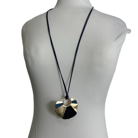 C1946 Corded Pendant Necklace Metal Denim Blue Gold Tone 31-34" Tunic Length - Picture 1 of 7